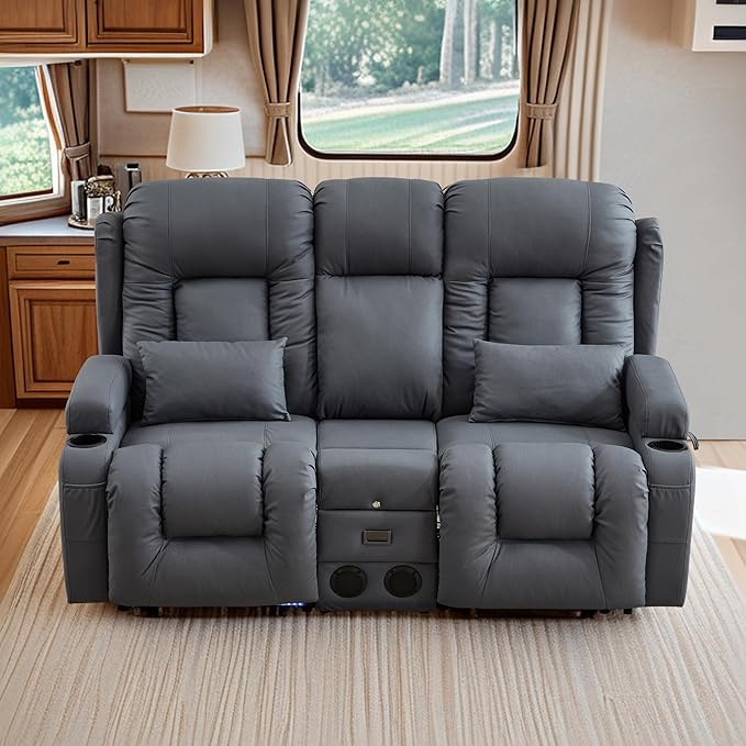 TUNYI Wall Hugger Loveseat Recliner Sofa with Console, Power Reclining Loveseat RV Couch with Massage & Heat/USB/Outlet/Storage/LED Light/Speaker (Blue)