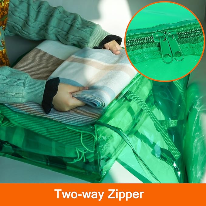 Vieshful Green 40L Clear Clothes Storage Bag Colorful Clothes Organizer with Zipper Vinyl Storage Bag for Comforter, Blanket, Bedding, Duvet, Transparent Moving Totes 3 Pack