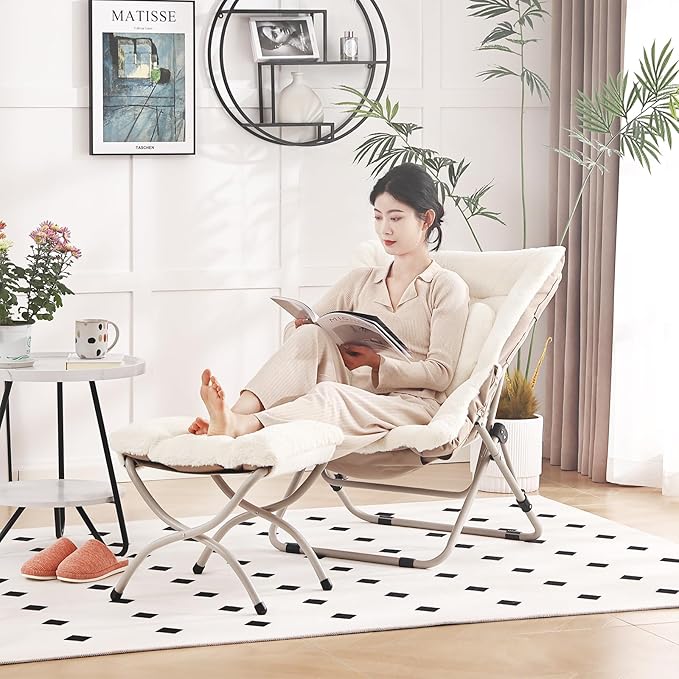Saucer Chair with Ottoman, Comfy Oversized Folding Chair, Faux-Fur Reading Chair for Adults, Foldable Accent Lazy Chair, Metal Frame Chair for Living Room, Bedroom, Beige
