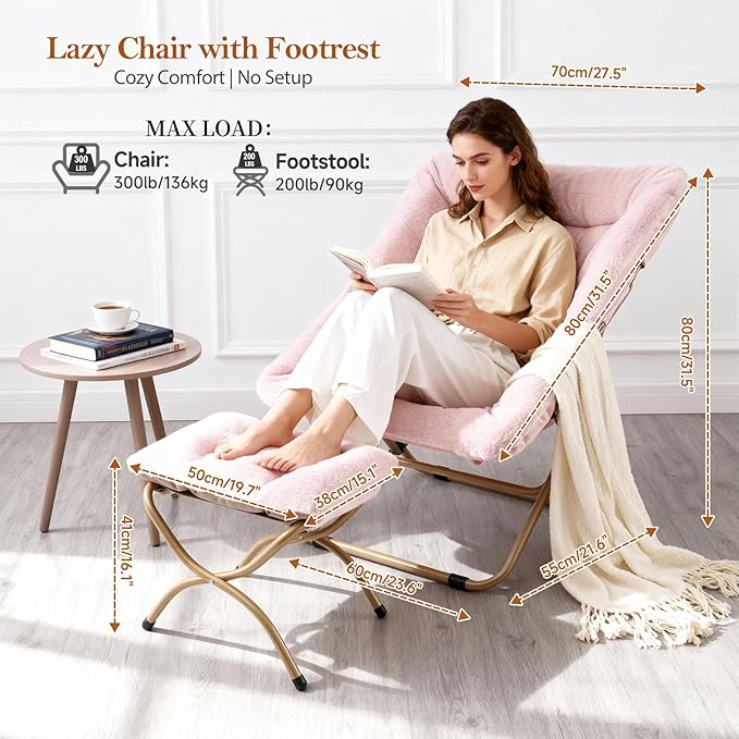 Dorm Chair with Ottoman, X-Large Soft Saucer Chair, Oversized Folding Faux Fur Accent Chair, Foldable Metal Frame Chair for Bedroom, Living Room (Pink)