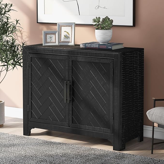 Ball & Cast 40" Farmhouse 2-Doors Storage Sideboard Buffet Cabinet w/Adjustable Shelves & Pattern Door, Wood Decorative Coffee Accent Cabinet Console Table for Entryway Kitchen Dining, Antique Black