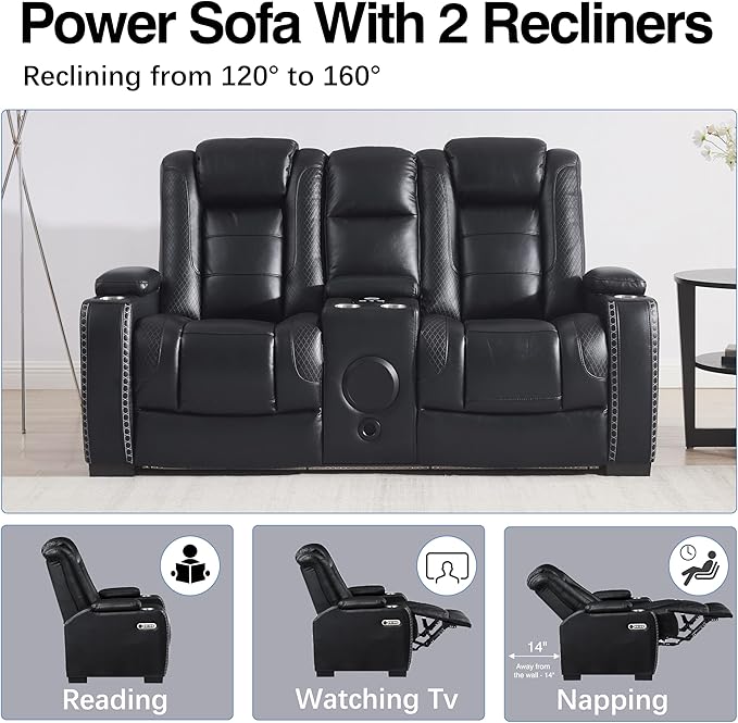 THSUPER Black Leather Power Recliner Loveseat with Arm Storage and Bluetooth Speaker, Theater Seating Leather Living Room Reclining Loveseat with Cup Holders and Wireless Charging. | Breathable material, LED ambient light, USB and Type-C port, In a box...