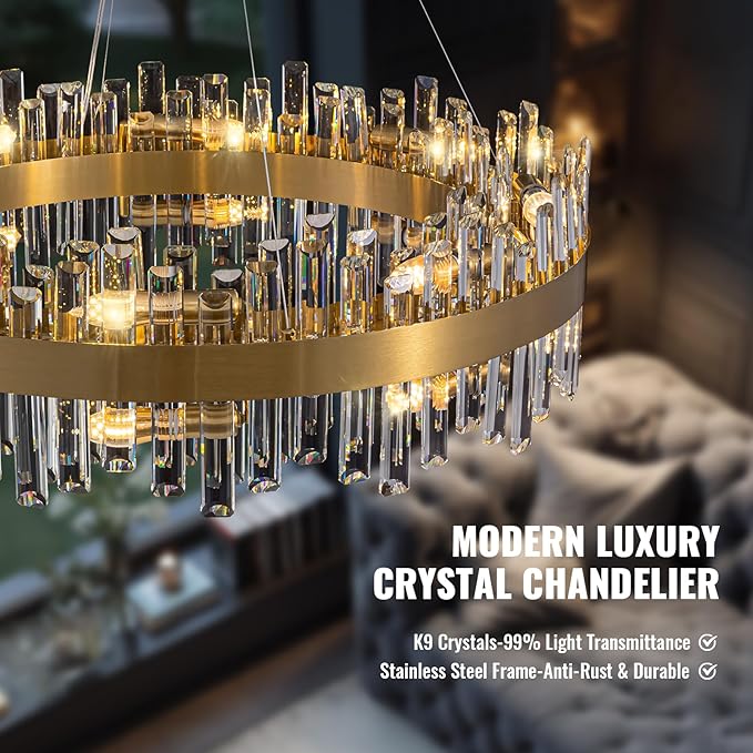 Gold Crystal Chandelier for Dining Room, 16-Light Modern Chandelier, 31.5-inch K9 Crystal Raindrop Ceiling Light, Luxury Flush Mount Light Fixture for Kitchen Living Room Entryway Bedroom