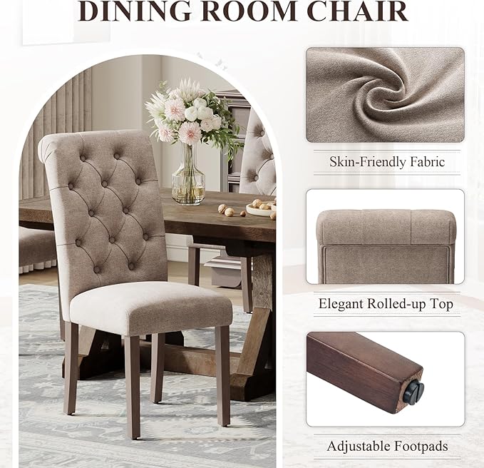 Upholstered Tufted Dining Room Chairs Set of 4, Parsons Kitchen Chairs with Padded Seat and Solid Wood Legs, Fabric Accent Side Diner Chair for Dining Room/Kitchen/Living Room, Camel