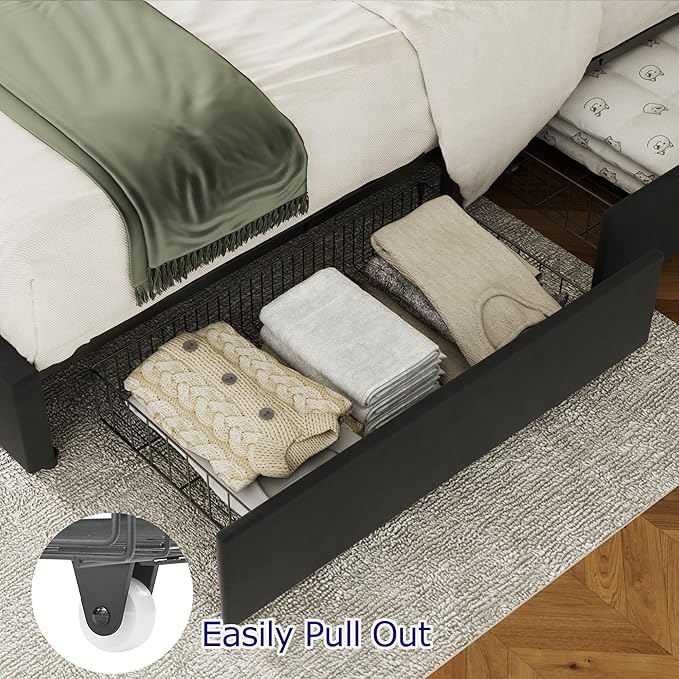 VECELO King Size Bed Frame with 4 Storage Drawers, Adjustable Height Headboard, Heavy-Duty Bedframe with Strong Wooden Slats, No Box Spring Needed, Black
