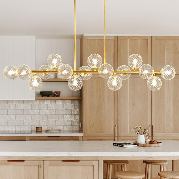 Modern Chandeliers for Dining Room Swirled Glass 55" Gold Linear Sputnik Chandelier 16-Light Large Chandelier Bubble Dining Room Light Fixture Linear Island Lights for Kitchen, Electroplated Brass