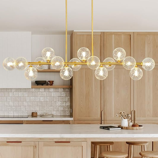 Modern Chandeliers for Dining Room Swirled Glass 55" Gold Linear Sputnik Chandelier 16-Light Large Chandelier Bubble Dining Room Light Fixture Linear Island Lights for Kitchen, Electroplated Brass