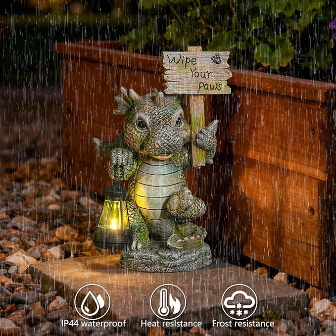 Solar Dragon Garden Statue with Lantern, Resin Outdoor Yard Decor Figurine, Waterproof Solar Powered Light for Patio, Lawn, Walkway & Front Porch (Dragon)