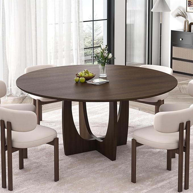 Casaphoria 59" Round Dining Table for 8 with Scratch-Resistant Top & Cross Arched Legs – Modern Farmhouse Kitchen Table for Dining Room, Living Room, Bar, Easy Assembly, Walnut