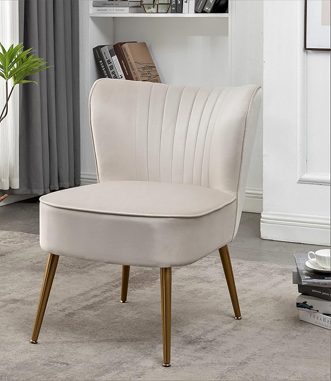 Modern Velvet Accent Chair for Living Room, Bedroom, or Entryway, Stylish and Comfortable Armless Design with Metal Legs, Ivory