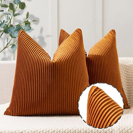 YCOLL Burnt Orange Pillow Covers 24x24 Set of 2 Velvet Striped Pattern - Soft Throw Pillows for Home Decor, Luxury Decorative Pillow Covers for Couch, Bed,Living Room