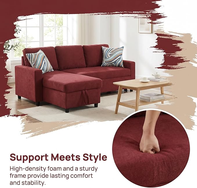 Pull Out Couch, L Shaped Sectional Couch with Pull Out Bed, Convertible Sofa Bed with Storage Chaise, Queen Size Sleeper Sofa, Sofa Bed Couch, Sleeper Sofa with Storage, Red