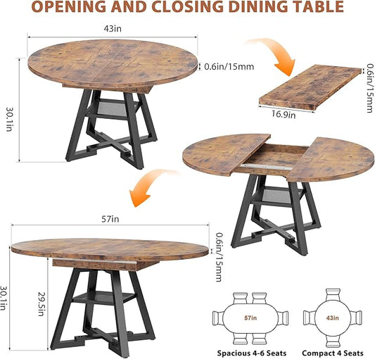 Round Dining Table Kitchen Dining Room Dinner Table for 4-6, Space Saving Extendable Oval Circle Furniture with Pedestal Base and Storage Shelf for Kitchen Living Room (Vintage, for 4-6)