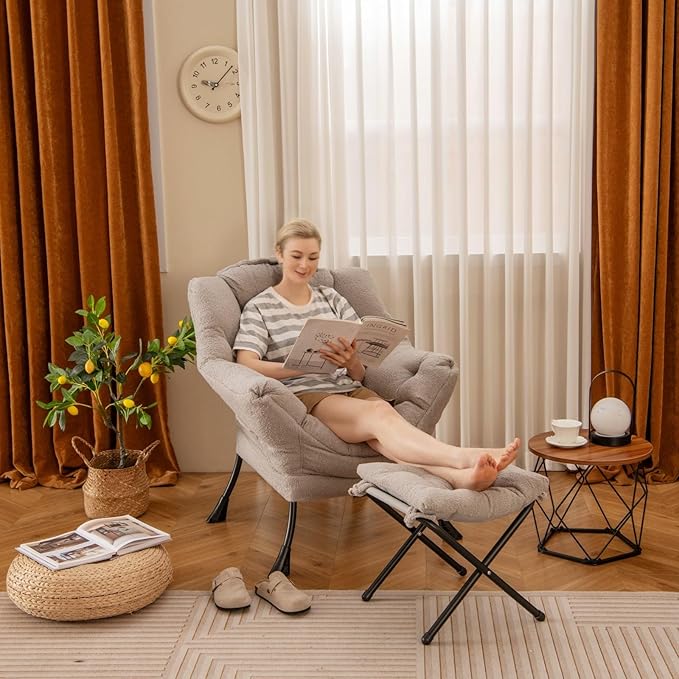 GORELAX Lazy Chair with Ottoman, Modern Accent Chair w/Armrests & Side Pocket, Upholstered Lounge Sofa Chair & Folding Footstool Set, Reading Chair for Bedroom, Living Room, Dorm Room (Plush Grey)