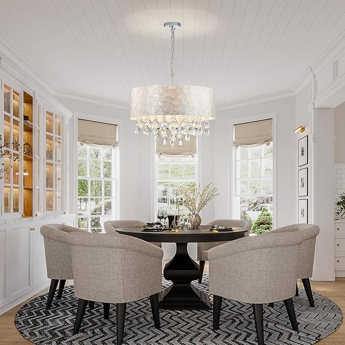 X-Large 6-Light Drum Capiz Shell Crystal Chandeliers, Coastal Style Pendant Light Fixture for Dining Room, Living Room, D24 x H23~71 inch(Adjustable), Shell Lampshade & Chrome Finish