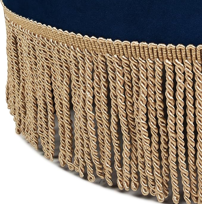 Jennifer Taylor Home Yolanda Upholstered Round Accent Ottoman, Navy Blue Velvet with Gold Trim