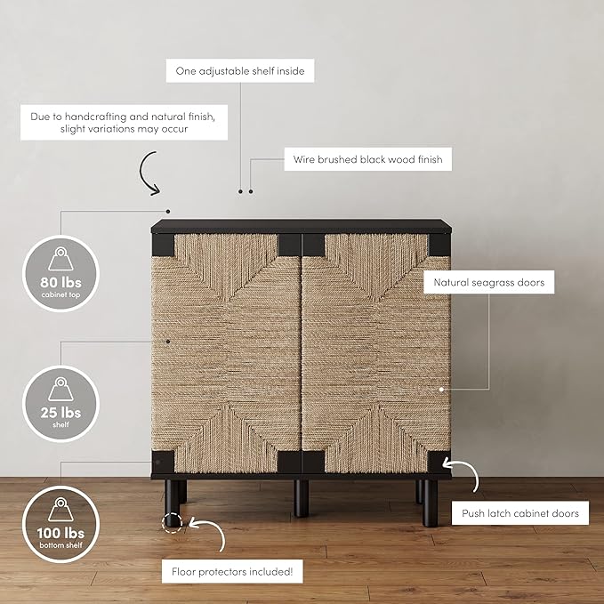 Nathan James Beacon Accent Natural Sideboard Storage Cabinet in Wire-Brushed Wood with Adjustable Interior Shelf and Seagrass Doors, for Hallway, Entryway or Dining Room, Black