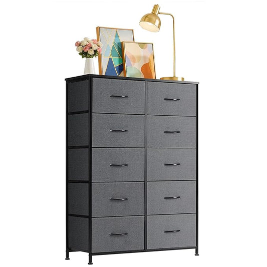 10-Drawer Fabric Dresser, Chest of Drawers Clothes Cabinet for Closet & Bedroom, Storage Organizer with Steel Frame for Entryway, Dorm, Living Room, Grey