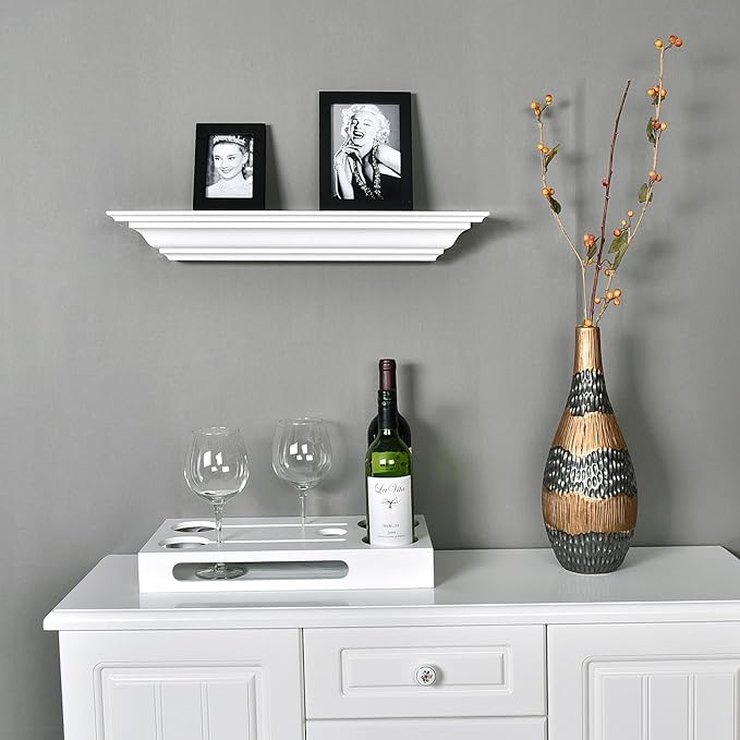 WELLAND White Wood 24 inch Floating Shelves Wall Mounted,Corona Crown Molding Floating Wall Photo Ledge Shelves Fireplace Mantel Shelf,Solid Pine Wood Finished