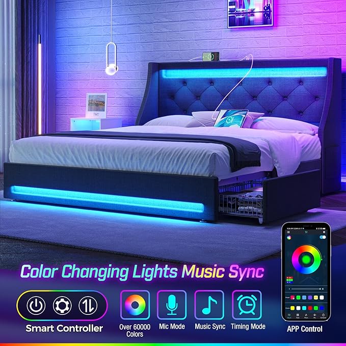 Rolanstar Queen Bed Frame with LED Lights and Charging Station, Upholstered Bed with Drawers, Wooden Slats, Noise Free, Easy Assembly, Dark Gray