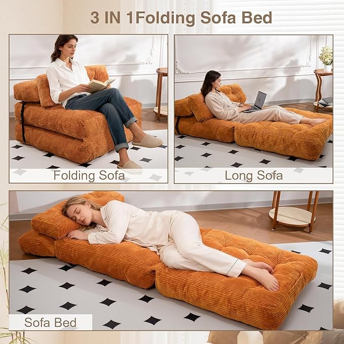 Folding Sofa Bed, Folding Chair Bed with Pillow, Convertible Lazy Sofa Bed with High-Density Support Foam, Fold Out Chair for Small Spaces Living Room Bedroom, Orange