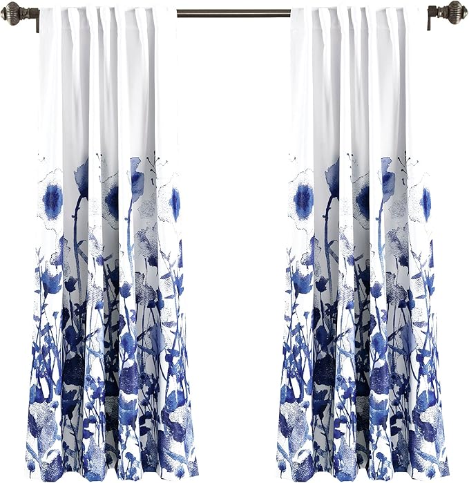 Lush Decor Zuri Flora Light Filtering Window Curtain Panel Pair, 63" Long x 52" Wide, Navy