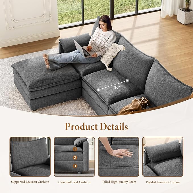 Vesgantti Large Modular Sectional Sofa, Big Comfy Cloud Couch with Ottoman Deep Seat Chenille Cloud Sofa, 9 Seater Large Sectional Couches for Living Room, Bedroom and Apartment, Gray | Sink-in Comfort, Height Adjustable, Easy Rearrangement, Extra-deep...