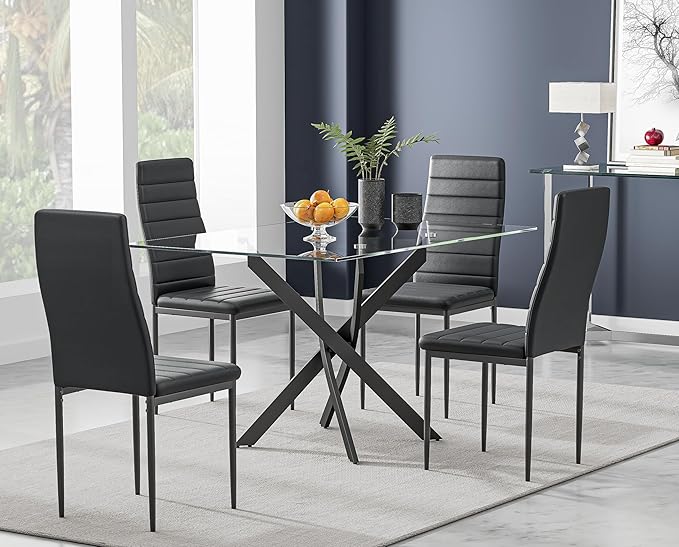 Tempered Glass Dining Table with Black Metal Legs, 47" Modern Rectangular Kitchen Table for Dining Room Kitchen (47.24" * 31.5", Black)