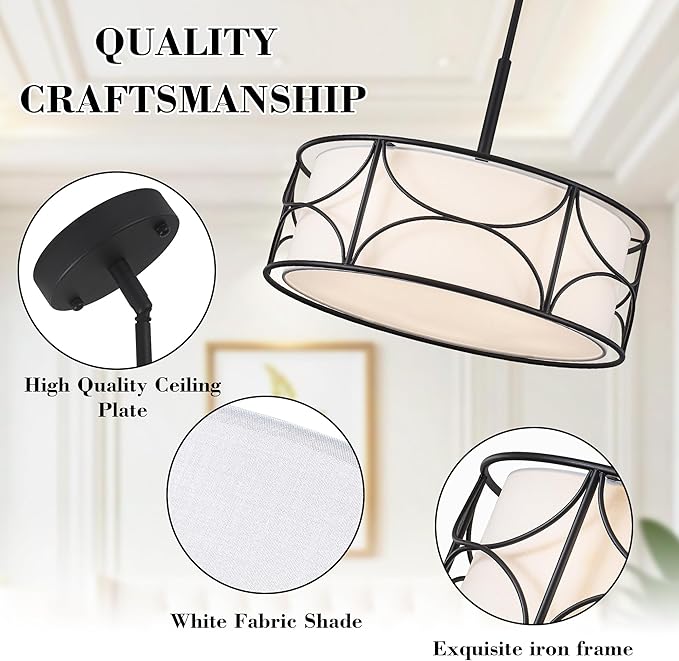 20" Drum Chandelier - Large Black Dining Room Light Fixtures 5-Lights Modern White Fabric Chandelier Farmhouse Drum Pendant Light Fixtures for Kitchen Island Living Room
