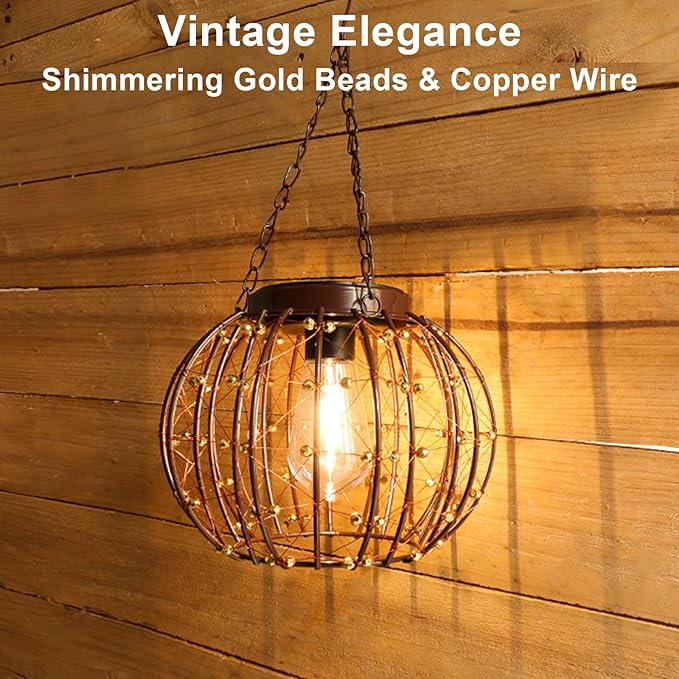 Hanging Solar Lanterns Outdoor Waterproof, Vintage Copper Hanging Lights, Solar Chandelier for Yard Garden Gazebo Pergola Porch Decor, 2 Pack
