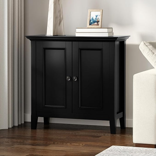SIMPLIHOME Amherst 32-inch Wide Solid Wood Transitional-Style Low Storage Cabinet in Black for Living Room, Entryway, or Dining Area with Adjustable Shelves