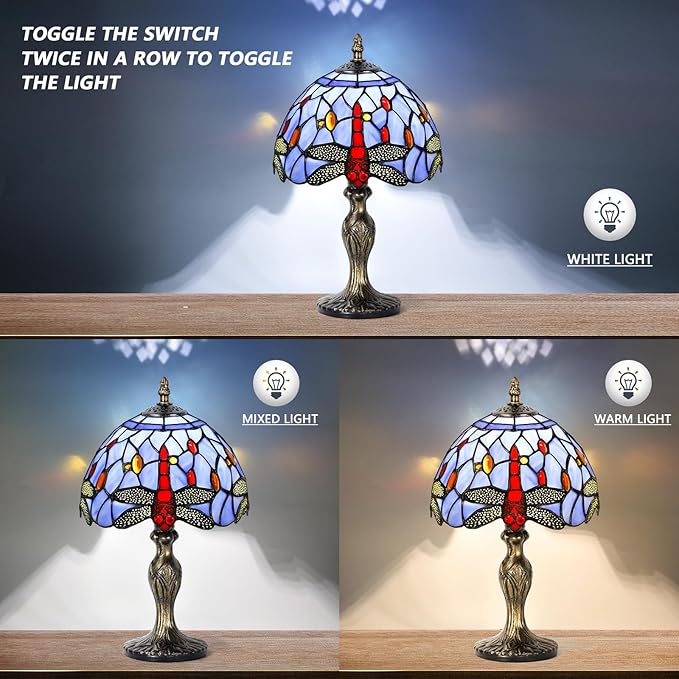 MIAOKE Stained Glass Table Lamp,Stained Glass Crystal Bead Style Table Light, Handmade Desk Bedside Night Light, Antique Art Craft Gifts Lover Living Room Bedroom Bookcase(Blue Dragonfly)