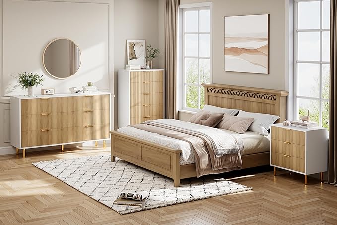GarveeHome Natural Dresser, Modern 5 Drawer Dresser for Bedroom with Gold Handle and Large Drawer, Wood Double Chest of Drawers and Storage Organizer for Living Room, Hallway, Entryway
