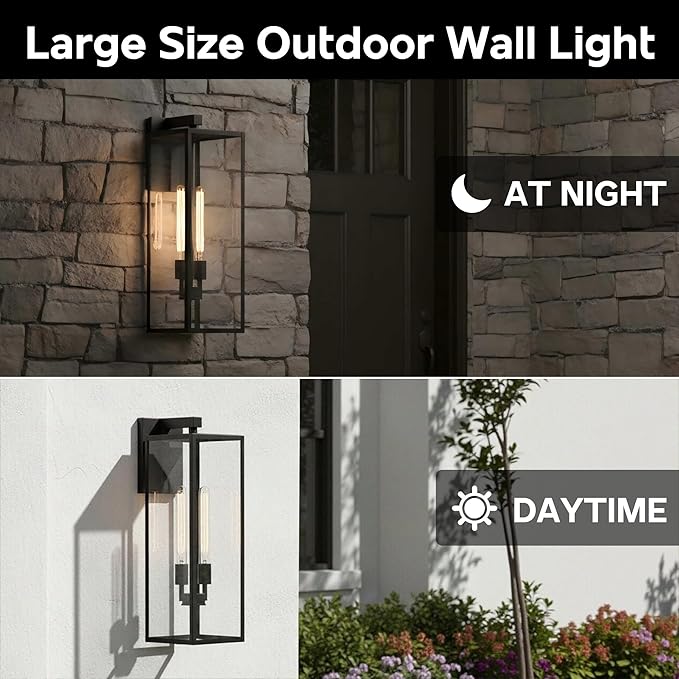 25in Extra Large Outdoor Wall Light 2-Light Black Wall Lantern for Porch,25” Exterior Sconce Metal and Glass Large Size Porch Light Black Outdoor Lanterns for Garage Balcony Patio Outside Lighting