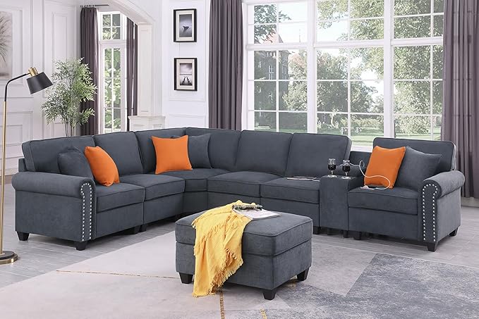 YOPTO 127" Modular Sectional Sofa with Movable Ottoman&Nailhead Trim Armrest,L-Shape Convertible Couch W/Cup Holder,USB Port&Hidden Storage Box,7 Seat Chenille Sectionals,6 Pillow,for Living Room,Gray