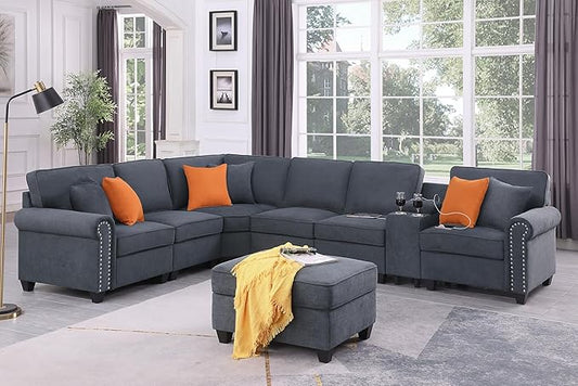 YOPTO 127" Modular Sectional Sofa with Movable Ottoman&Nailhead Trim Armrest,L-Shape Convertible Couch W/Cup Holder,USB Port&Hidden Storage Box,7 Seat Chenille Sectionals,6 Pillow,for Living Room,Gray