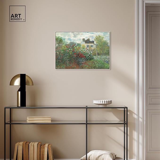 Art Remedy Monet-Garden With Dahlias Impressionism Classic Landscape Paintings Canvas Wall Art, Silver Floater Frame, 24"x36"