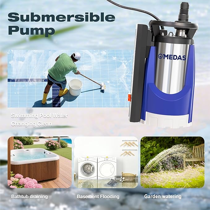 MEDAS Automatic Sump Pump,1HP 3600GPH Submersible Water Pump Portable Utility Pumps with Auto On/Off, Built-in Float for Swimming Pool Pond Hot Tub Rain Barrel Flooded House Basement