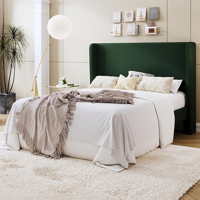 SHA CERLIN Full Size Corduroy Upholstered Platform Bed Frame with Vertical Channel Tufted Wingback Headboard, 8" Under Bed Storage, Wooden Slats & Metal Frame Support, Easy Assembly, Dark Green