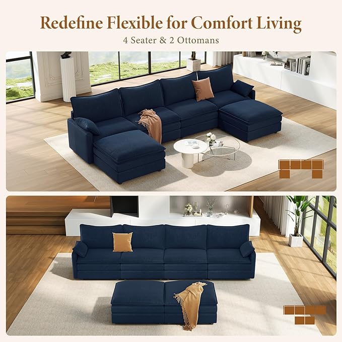 Vesgantti 142" U Shaped Sectional Couch, Comfy Cloud Modular Sectional Sofa with 2 Ottoman Deep Seat Chenille Modern Cloud Sofa, Modular Sofas for Living Room, Bedroom and Apartment, Blue | Sink-in Comfort, Height Adjustable, Easy Rearrangement, Extra-...