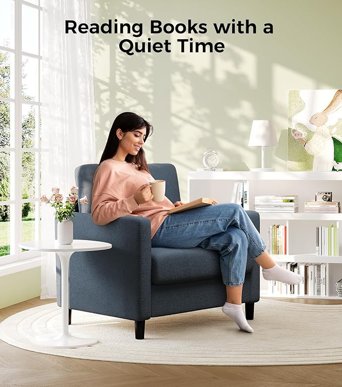 Welzona Sofa Accent Chair, 33" Reading Chair for Bedroom, Tool-Free Setup Living Room Accent Chairs, Comfy Arm Chairs Living Room, All-Wood Reading Nook, Blue Grey