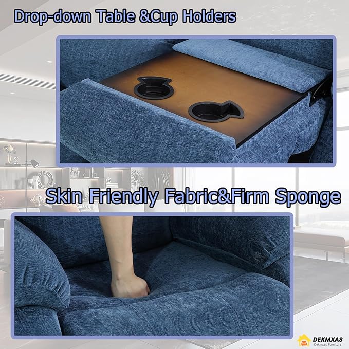 Fabric Recliner Sofa Set - Modern Manual Reclining Living Room Furniture With Cup Holders & Storage Console (Blue, 3 PCS Set)