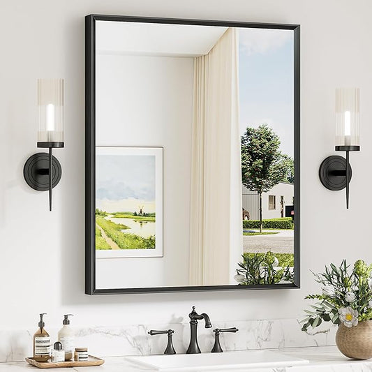 Keonjinn 30 x 36 Inch Black Bathroom Mirror, Beveled Rectangle Framed Mirror for Wall, Black Bathroom Vanity Mirror for Over Sink, Tempered Glass, Square Corner, Farmhouse Style