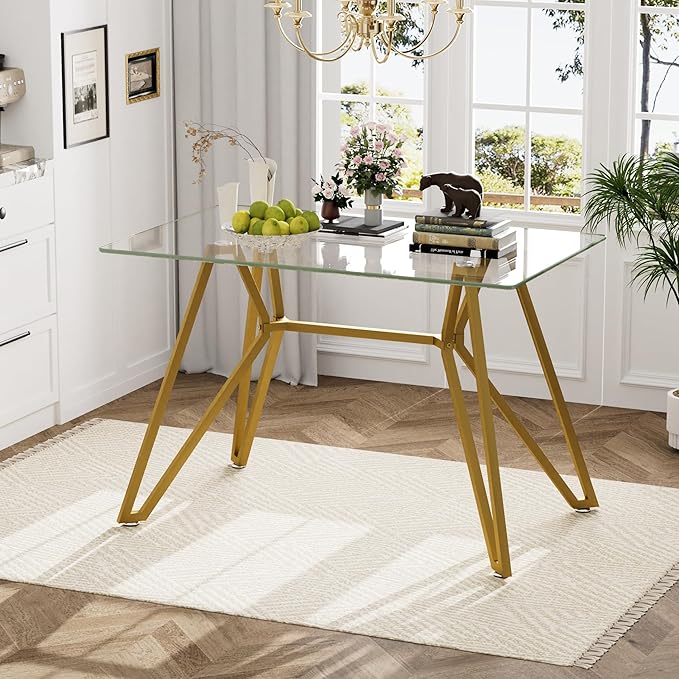 KEIKI 47.3 in Rectangular Glass Dining Table, Suitable for 1-6 People, Modern Style Home Kitchen Dining Table, Equipped with Sturdy Metal Table Legs, Suitable for Dining Room, Living Rooms, Gold