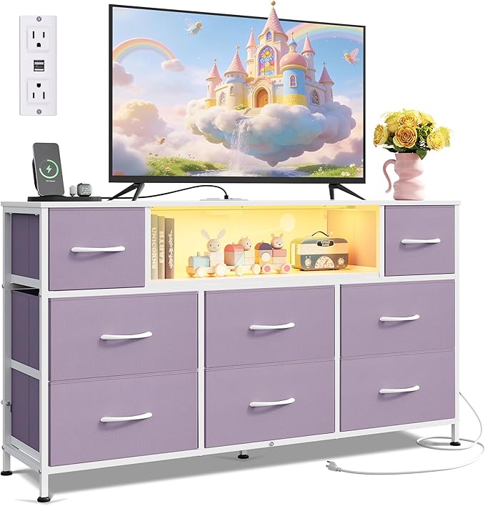 WLIVE Purple Dresser TV Stand for 45, 50, 55 inch TV, Entertainment Center with LED Lights & Charging Station, Chest of Drawers with 8 Fabric Drawers and Open Shelves for Living Room, Hallway