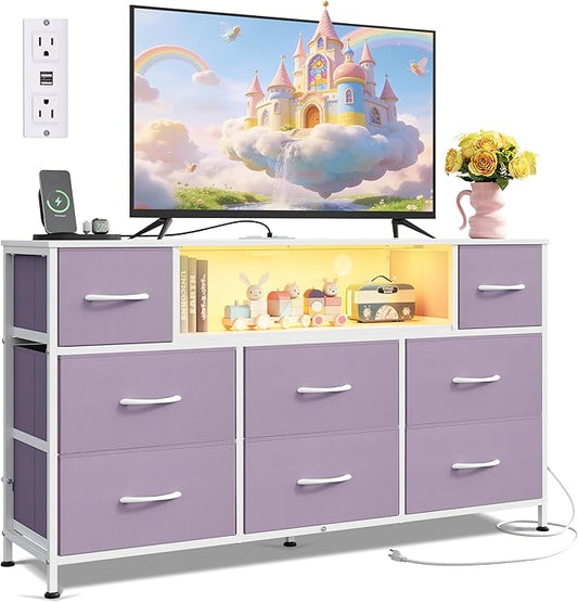 WLIVE Purple Dresser TV Stand for 45, 50, 55 inch TV, Entertainment Center with LED Lights & Charging Station, Chest of Drawers with 8 Fabric Drawers and Open Shelves for Living Room, Hallway