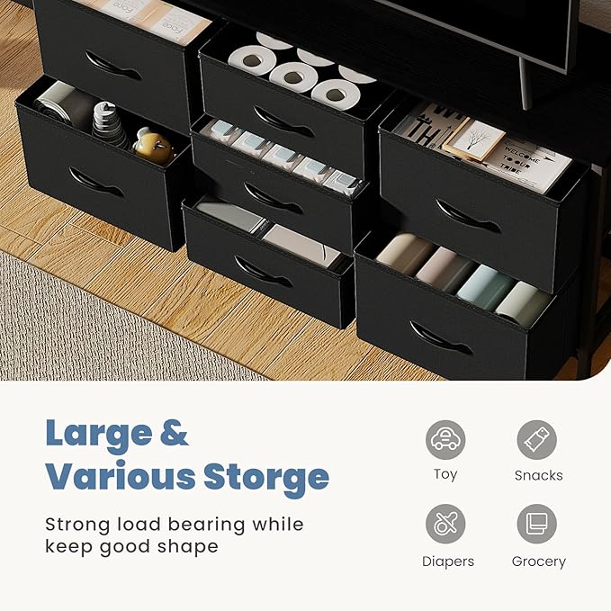 DUMOS TV Stand 7 Drawer Dresser for Bedroom with Storage TV Stands for Living Room Black, Farmhouse Entertainment Center Media Console Table with Metal Frame Adjustable Feet