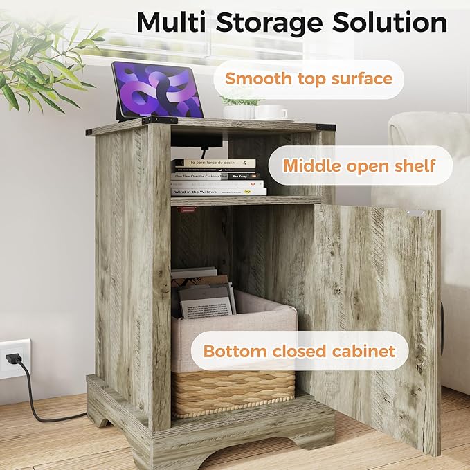 RoyalCraft Set of 1 Farmhouse Nightstand, Grey End Table with Charging Station, Tall Bedside Table with Large Storage Room and Shelf, Wooden Rustic Side Table for Bedroom, Home Office, Light Grey
