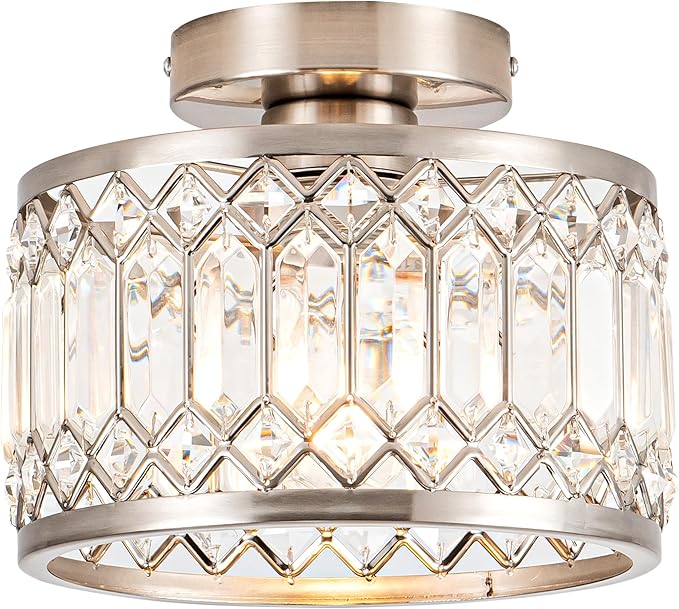 Crystal Ceiling Light Fixture, Modern Semi Flush Mount Ceiling Light,Crystal Chandelier for Kitchen Bedroom Bathroom Entryway Nickel Finish (Bulb not Included)
