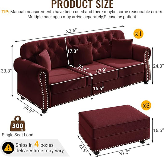 KEIKI 83" Velvet Chesterfield Sofa with Rolled Arms & Nailhead Trim & 3 Ottoman, Modern 3-Seater Button Tufted Couch with High Resilience Cushion & 3 Pillow, Easy Assembly, for Living Room, Burgundy